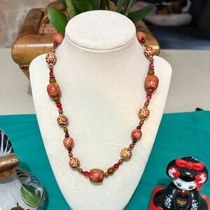 Handcrafted Vintage WoodenBeaded Necklace - Red and Brown